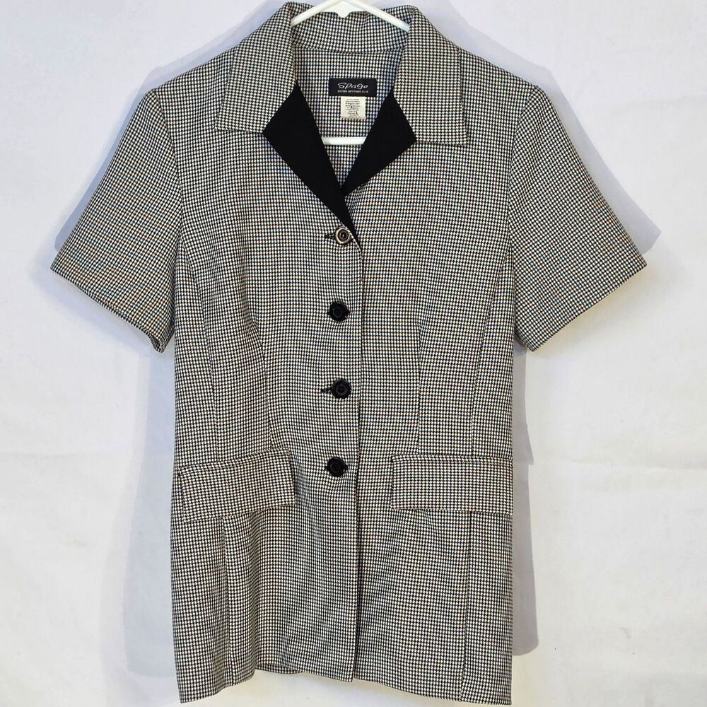 Vintage Spago Houndstooth Short Sleeve Blazer Jacket Black White Contrast 4P S